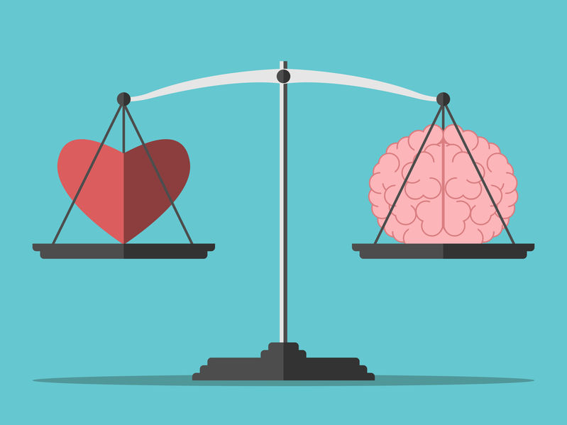Heart and brain on scales. Balance, love, mind, intelligence, logic concept. Flat style. EPS 8 vector illustration, no transparency